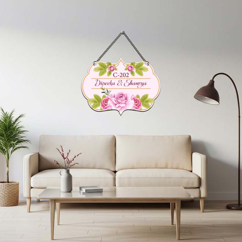 Personalized Floral House Name Plate with Hanging Chain  Door Sign for Home Entrance   deal for Couples, Flats & New Homeowners  Main Door Hanging